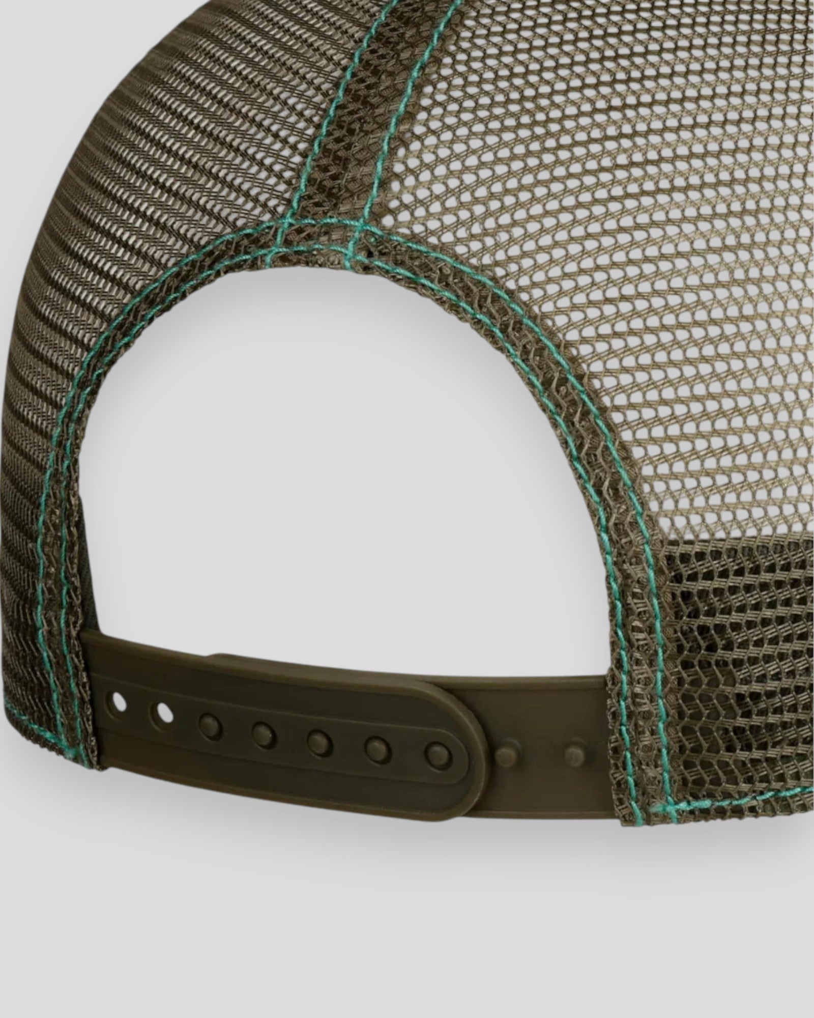 Mint green Stetson trucker cap with surf camp embroidery, adjustable snapback, and mesh back for breathability.