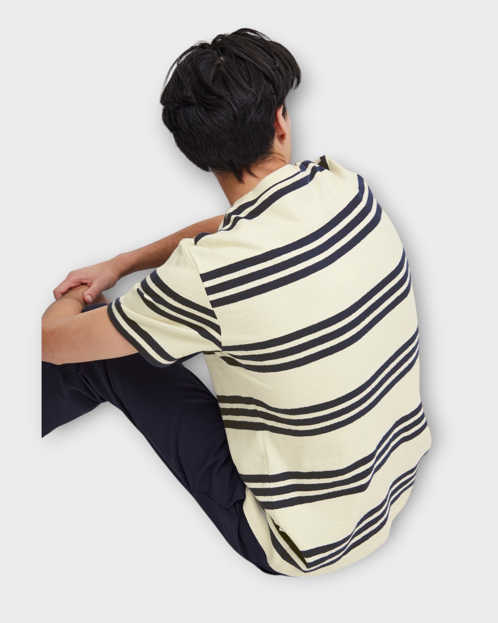 Thor Structured Striped T-shirt White Asparagus, lækker stribet Casual Friday t-shirt. Her set på model bagfra.