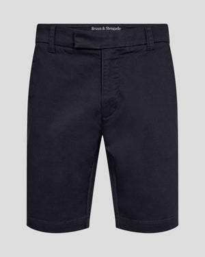 Navy Bruun & Stengade Loris regular fit shorts displayed on a hanger, showing their casual style and fabric texture.