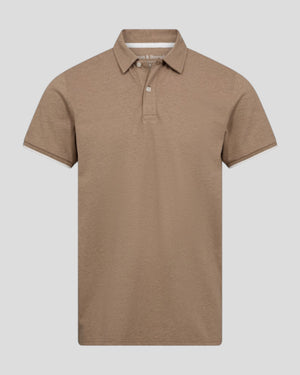 Brown Delos regular fit polo shirt by Bruun & Stengade, shown in a close-up image highlighting the collar and fabric texture.