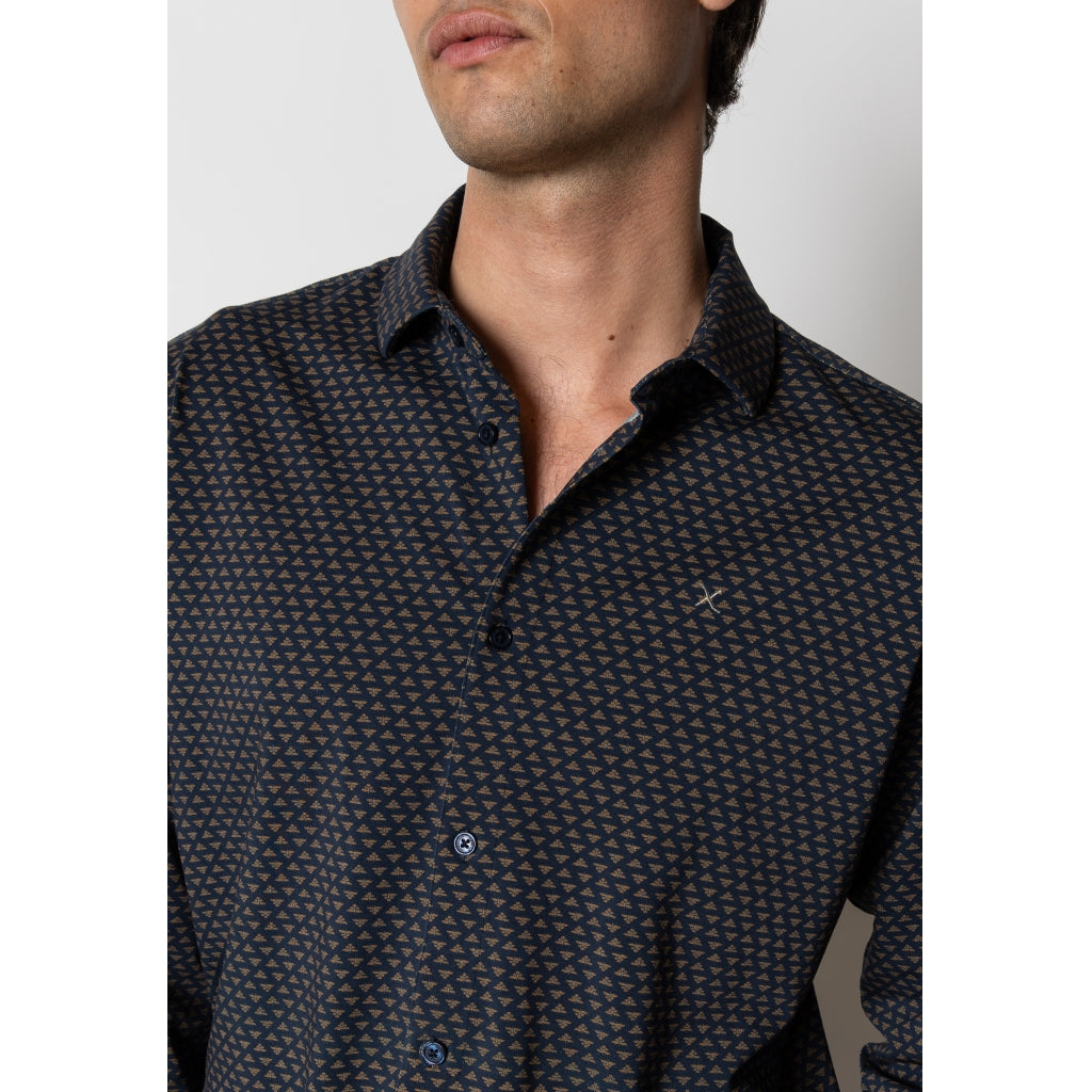 Clean Formal AOP Stretch Shirt - Navy/Brown