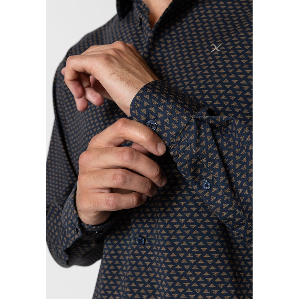 Clean Formal AOP Stretch Shirt - Navy/Brown