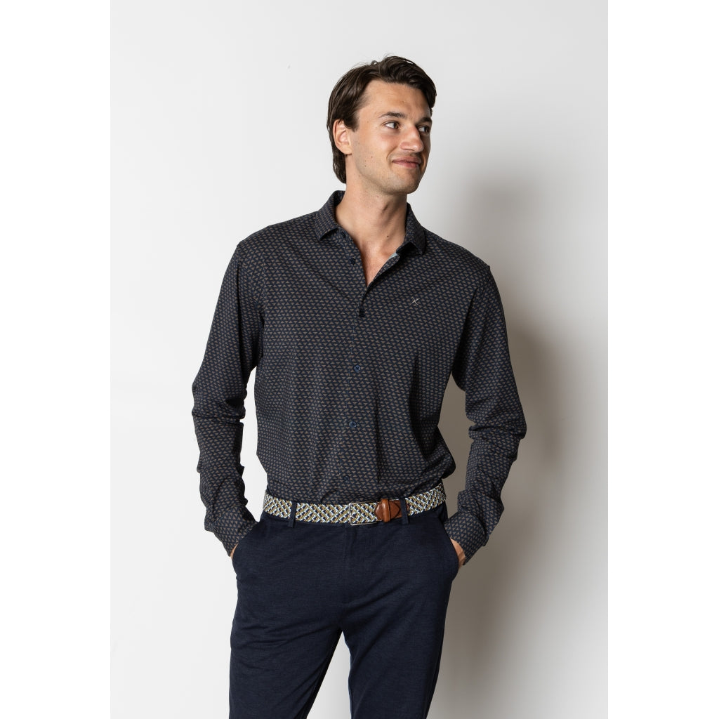 Clean Formal AOP Stretch Shirt - Navy/Brown