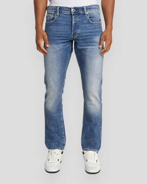 G-STAR RAW 3301 Regular Tapered Jeans in vintage azure, showing fit and denim fabric on model's legs.