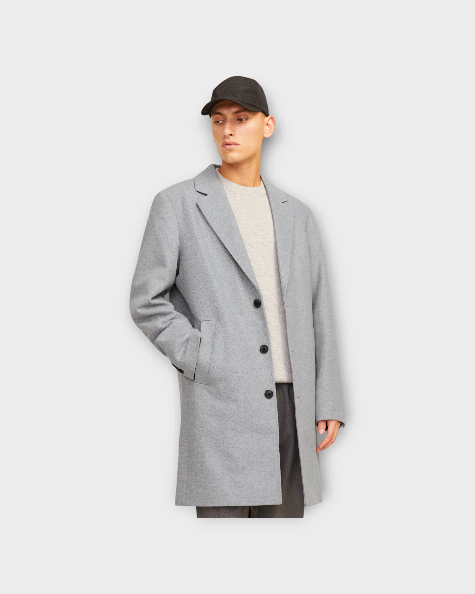 Jack and Jones Harrison Wool Coat Light Grey Melange - Herre Uld Frakke. Her set på model i closeup.