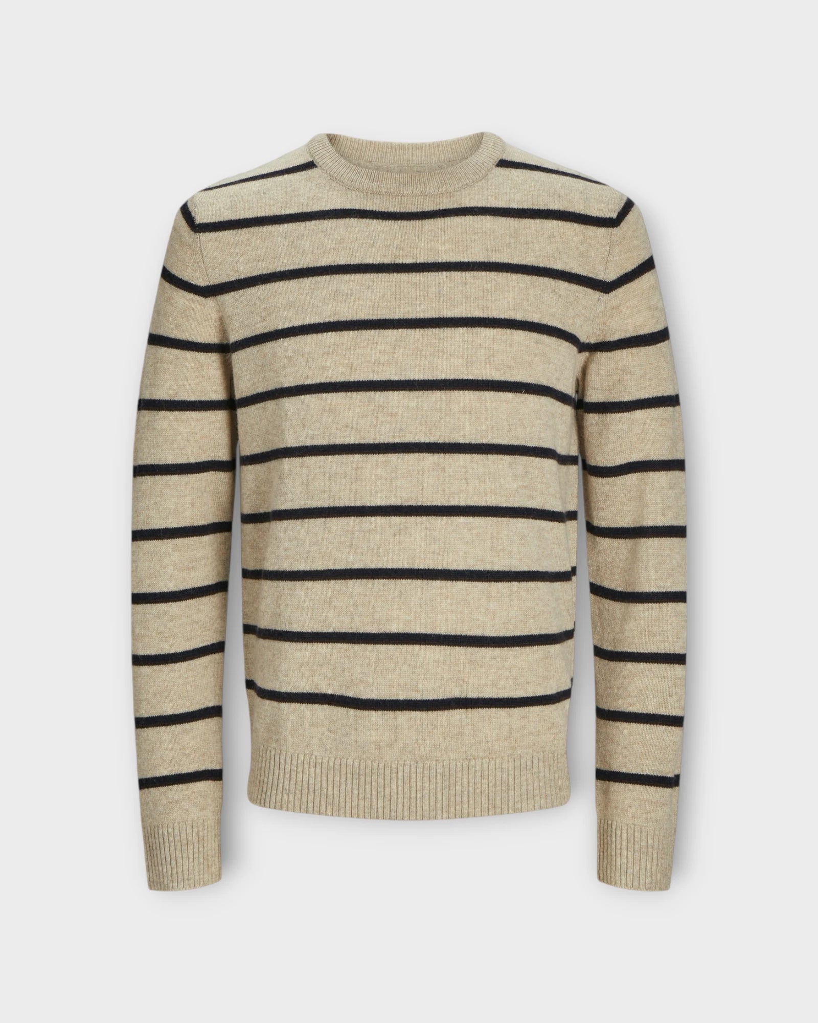 Lambswool Knit Crew Neck Oatmeal Melange Stripe -Sandfarvet Jack & Jones Striktrøje til Mænd. Her set forfra.