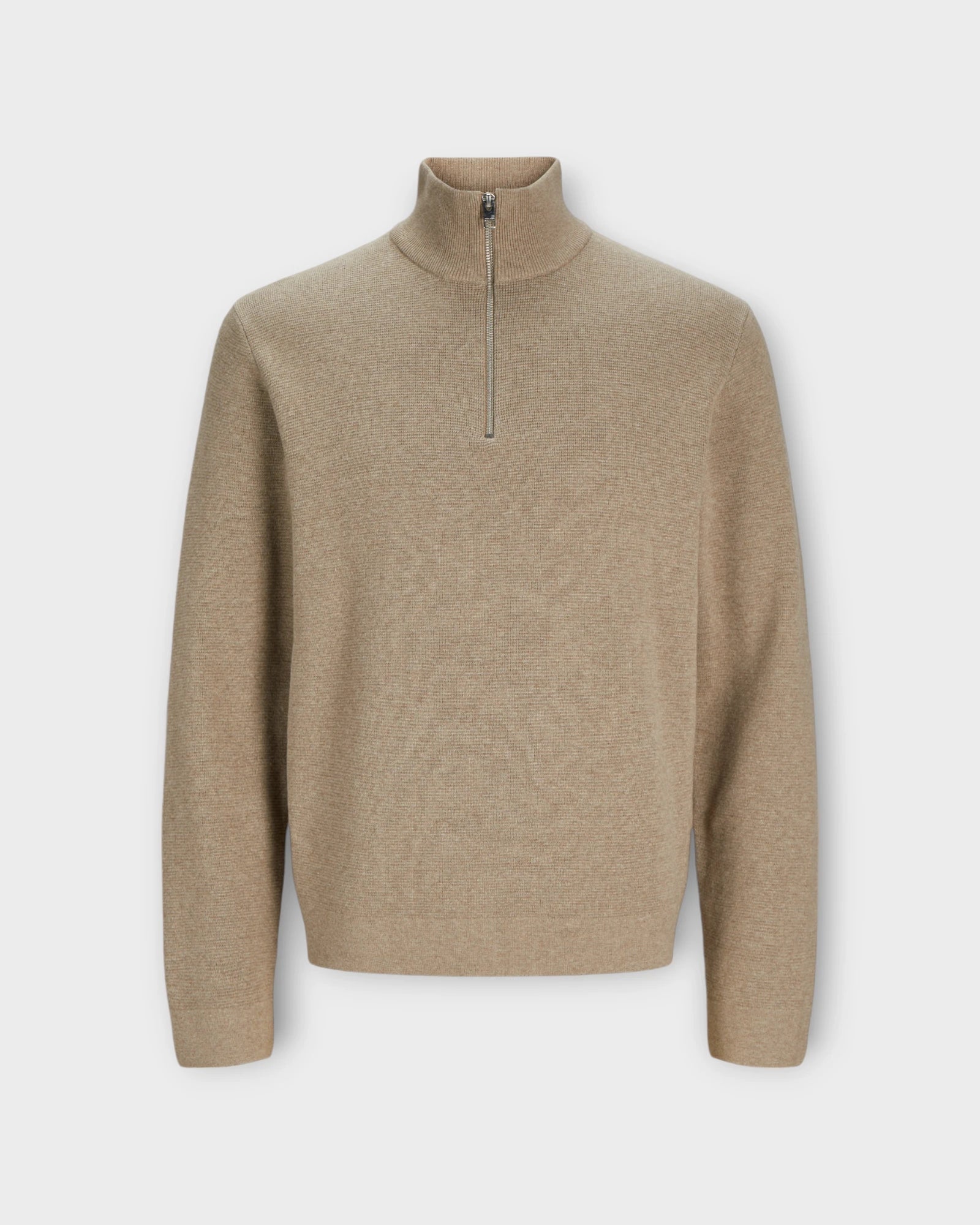 Milano Stitch Knit Half Zip Greige Melange - Sandfarvet Jack and Jones Strik til Mænd. Her set forfra.