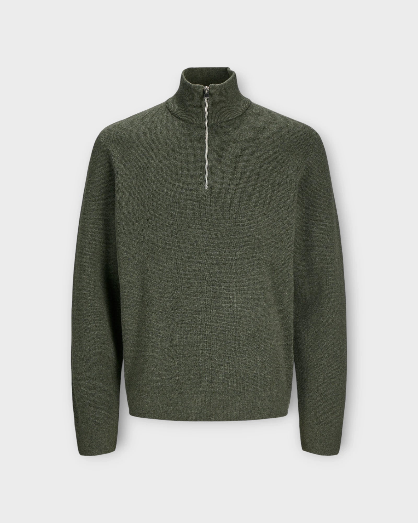 Milano Stitch Knit Half Zip Peat Melange - Grøn Jack and Jones Herre Strik til Mænd. Her set forfra.