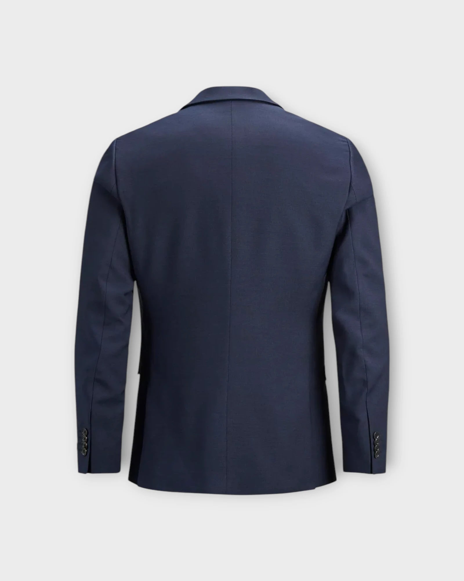 Solaris Blazer Dark Navy - Mørkeblå Stretch Jack and Jones Blazer til Mænd - Konfirmationstøj - Konfirmand 2025. Her set bagfra.