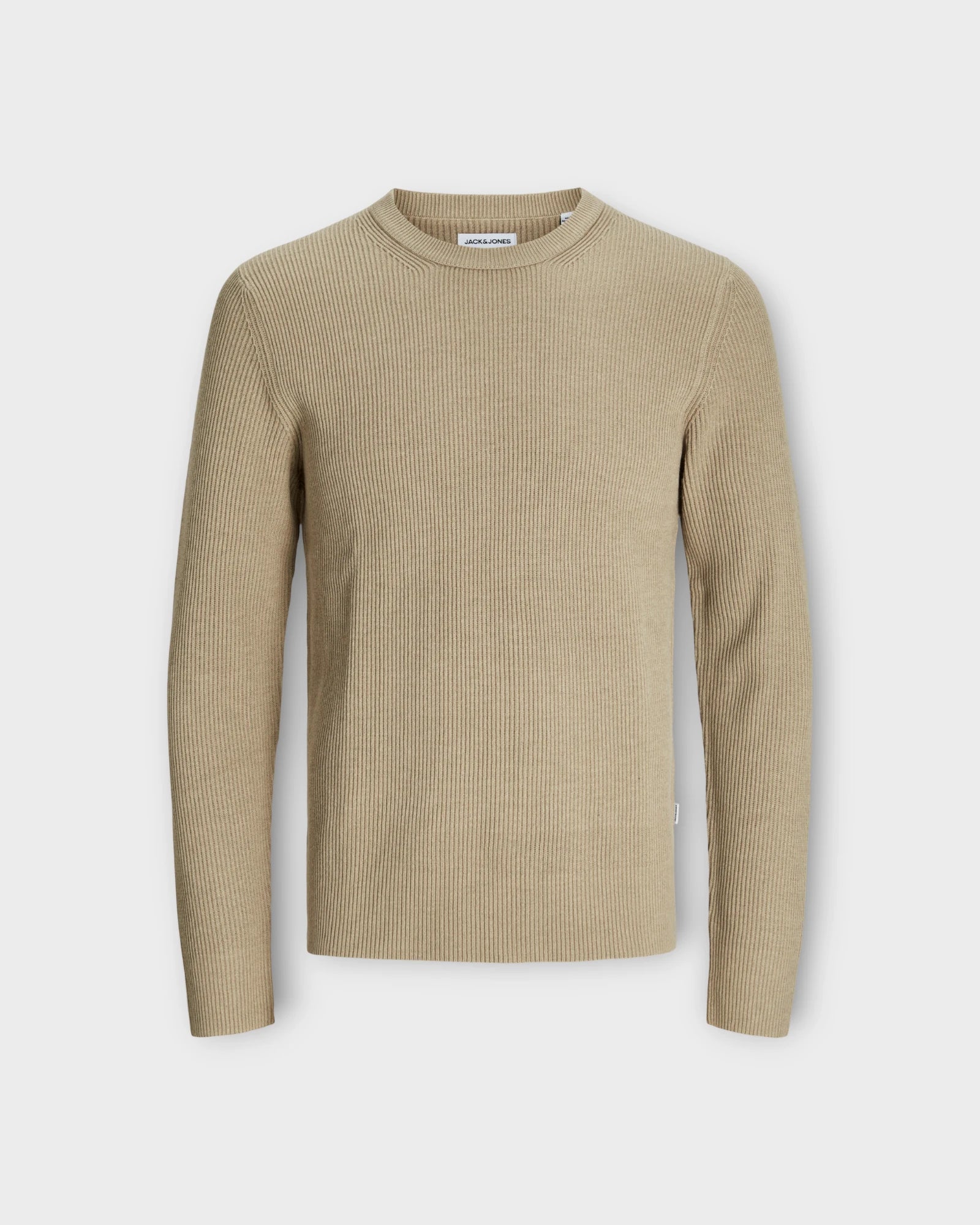 Jack and Jones Perfekt Knit Crew Crockey - Sandfarvet Strik til Mænd. Her set forfra.