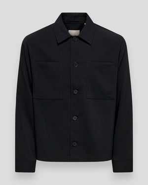Black ONLY & SONS Will 0292 loose overshirt with a relaxed fit, shown on a mannequin. Durable and versatile men's overshirt.
