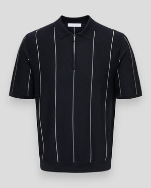 ONLY & SONS Wyler Life STR Regular 14SS Zip Polo i navy med striber, sølvdetaljer og blå tåge farvet design.
