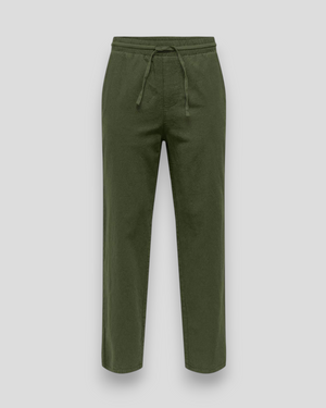 ONLY & SONS Sinus Loose 0007 Cot Lin Pant i Olive Night – ekstremt bløde hørbukser, perfekte til afslappet sommerlook.