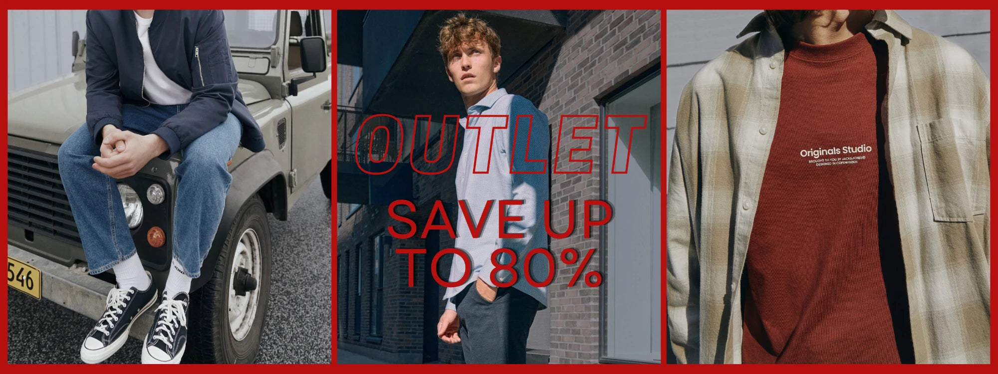 The Sons Online Outlet Kollektion - Find Herretøj hvor du sparer op til 80%. På billedet ses 3 mandelige modeller i forskellige outfits.