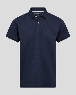 Navy Delos regular fit polo shirt by Bruun & Stengade, shown on a hanger with a close-up of the collar and fabric texture.