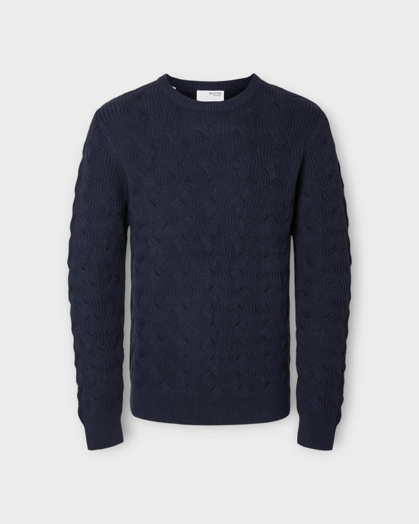 Callis LS Knit Cable Crew Neck Sky Captain - Mørkeblå Selected Homme Herre Strik. Her set forfra.