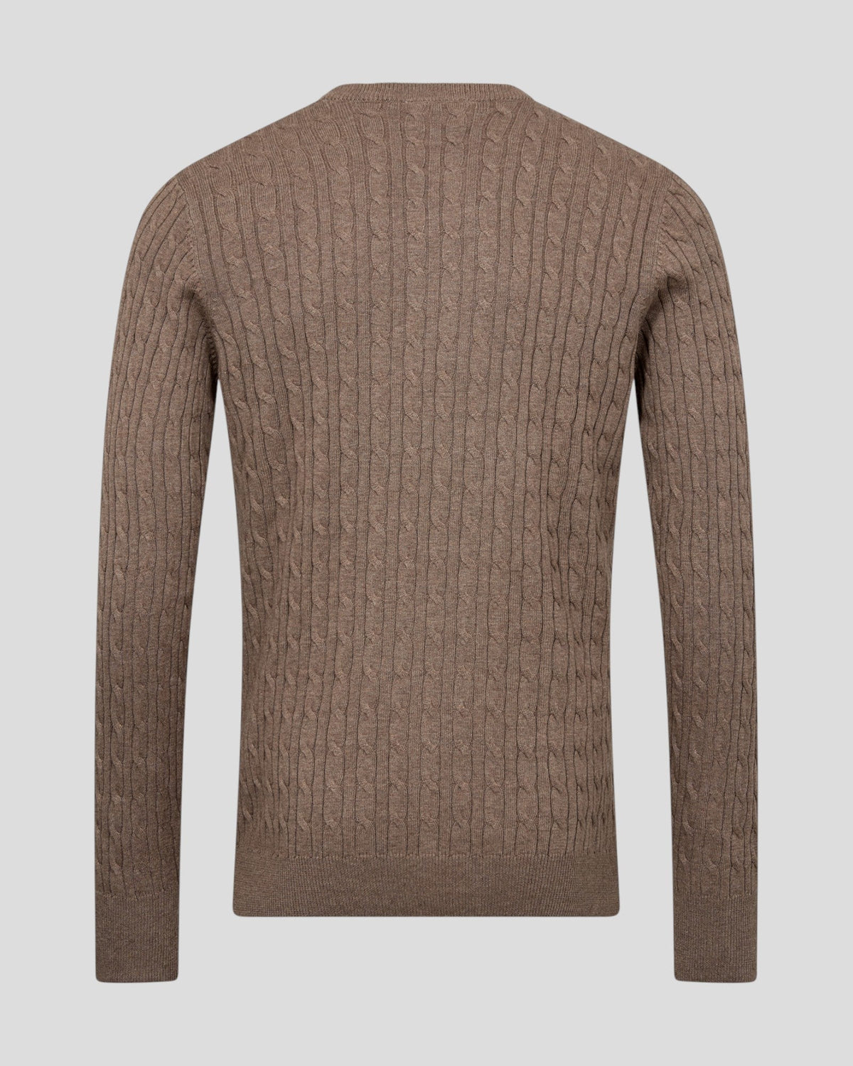 The Sons online brown regular fit cable knit sweater viewed from the back, featuring a classic crew neck design.