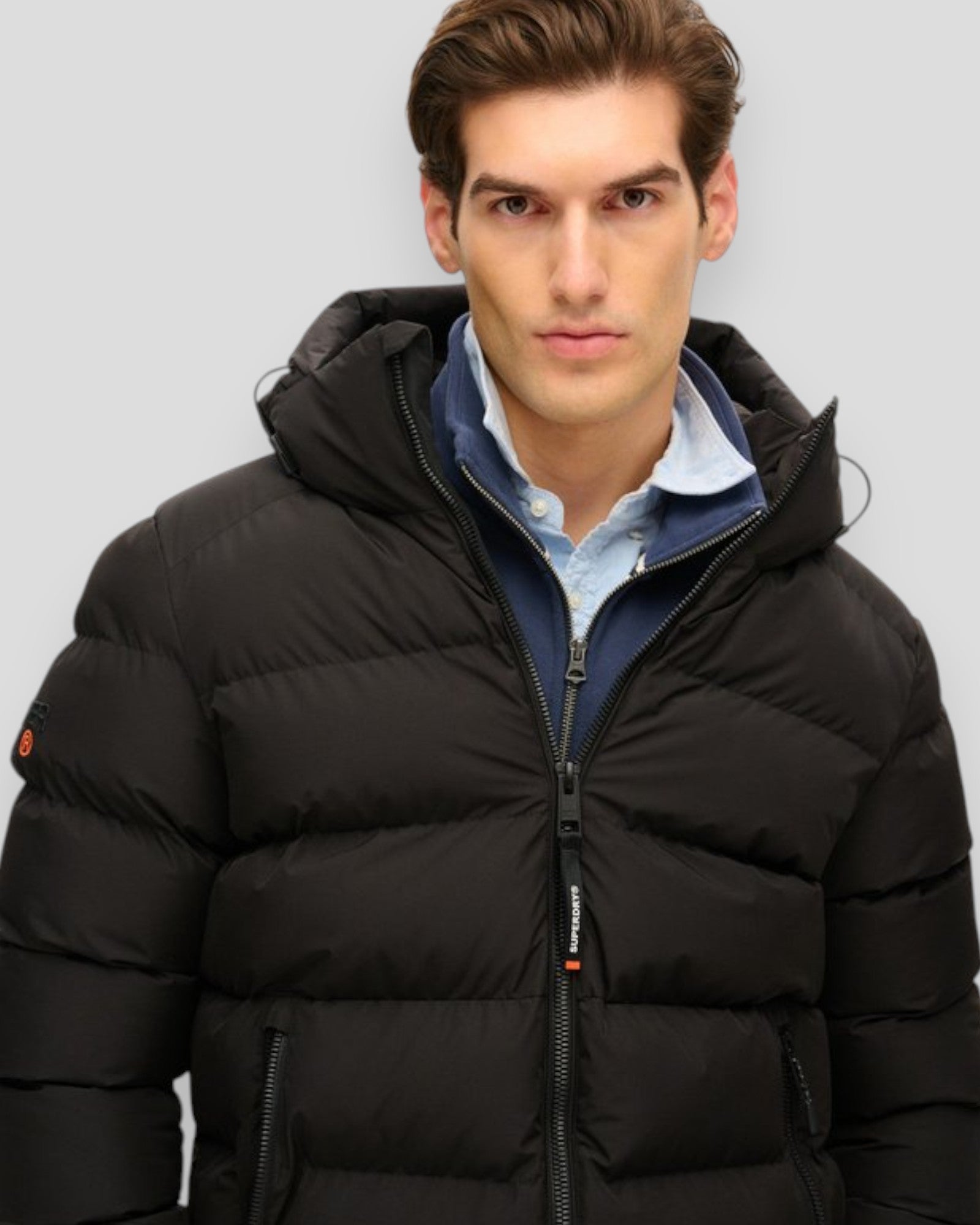 Hooded Sports Puffer Jacket - Black