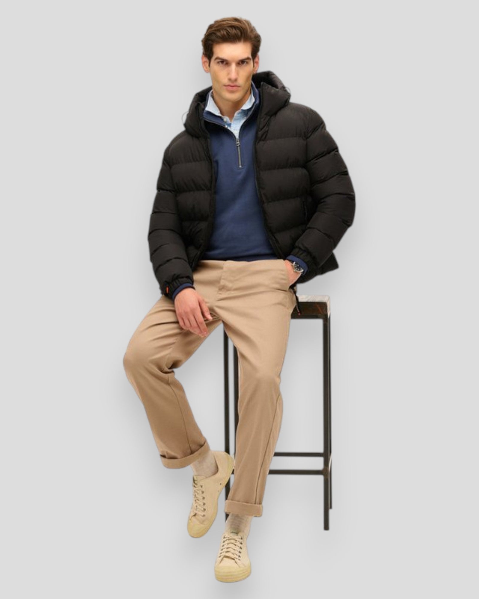 Hooded Sports Puffer Jacket - Black