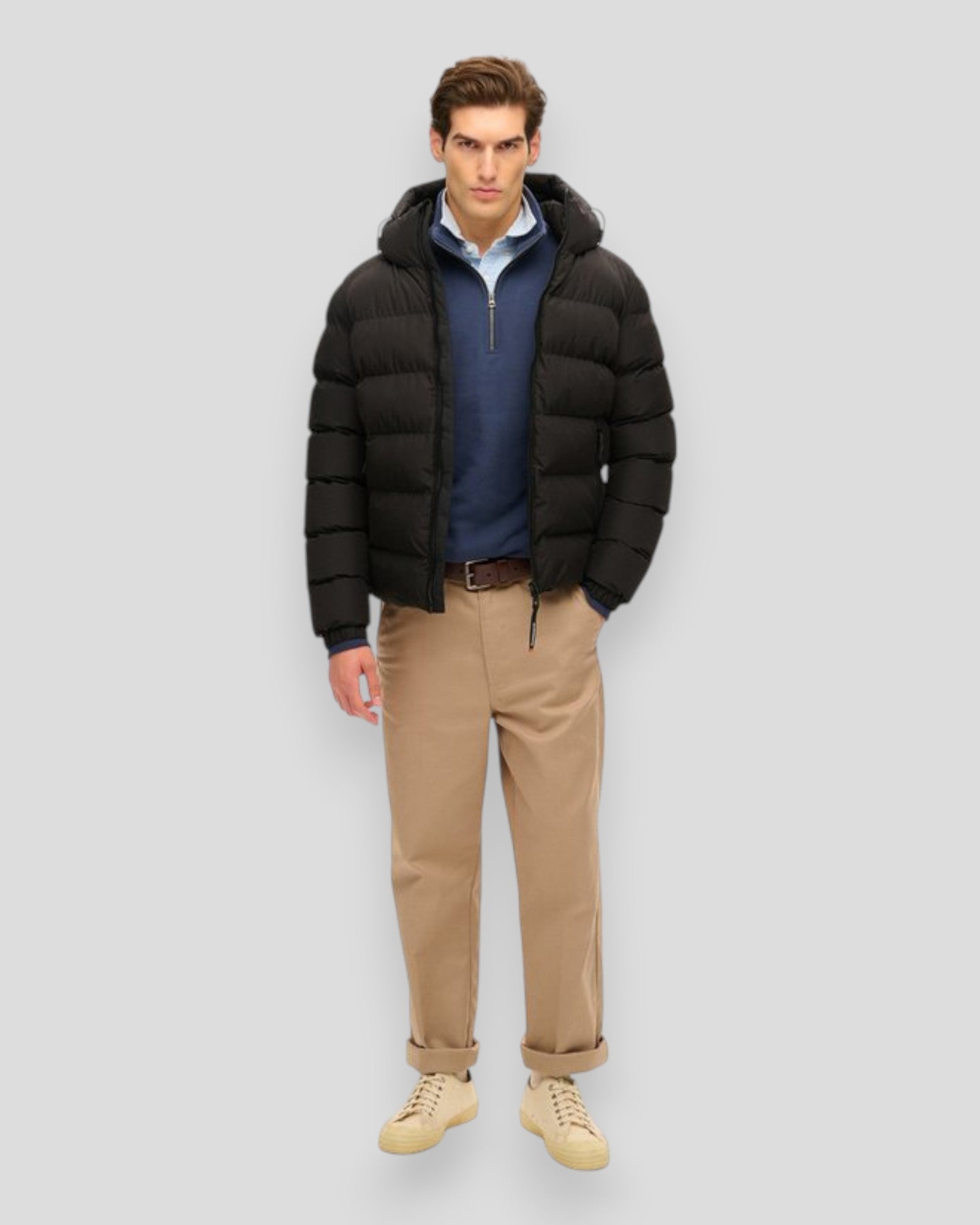 Hooded Sports Puffer Jacket - Black