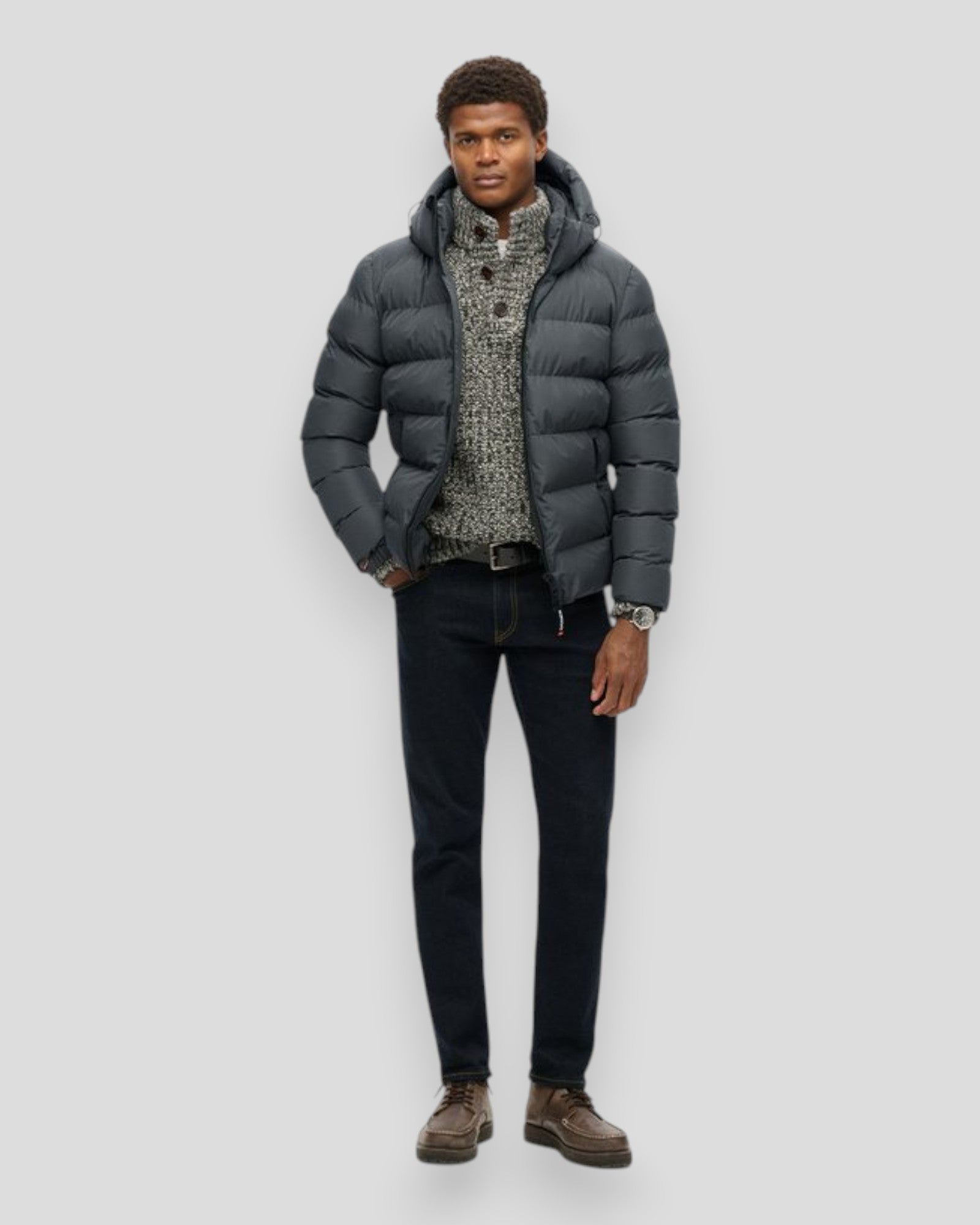 Hooded Sports Puffer Jacket - Ebony