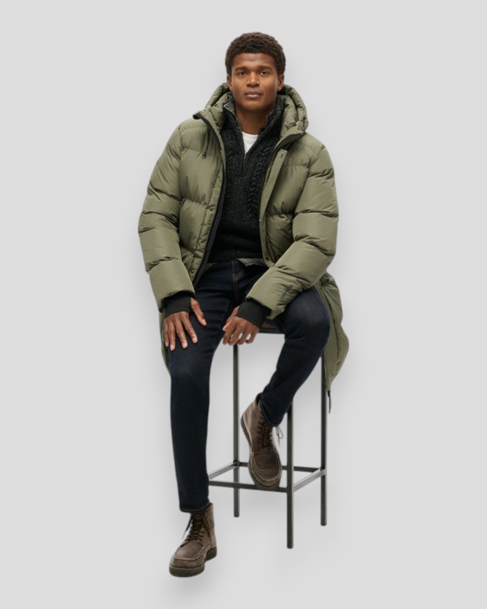 Hooded Sports Puffer Mid Jacket - Dusty Olive Green