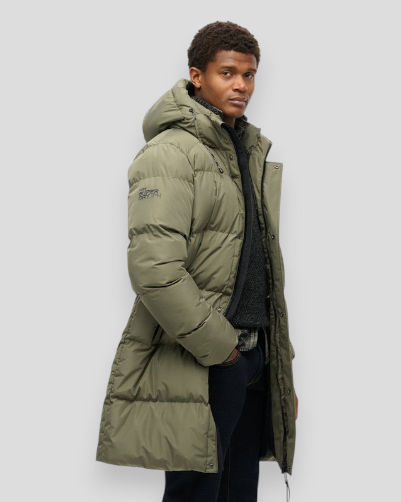 Hooded Sports Puffer Mid Jacket - Dusty Olive Green